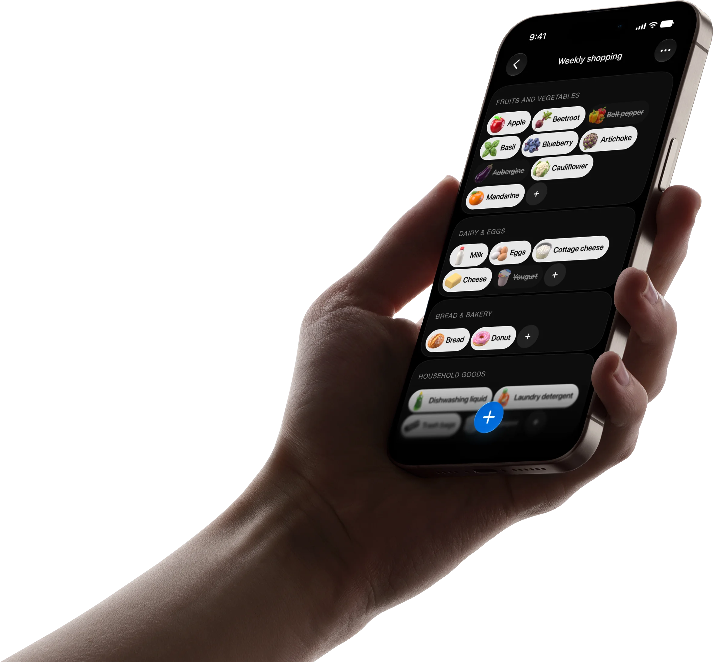 A hand holding an iPhone with a whatoshop list open